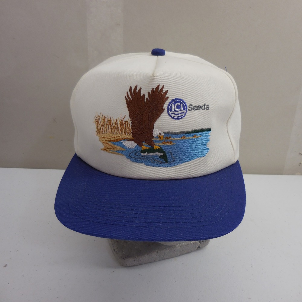 Vintage ICI Seeds K-Products Trucker Hat Eagle Fishing Snapback Made in USA Blue